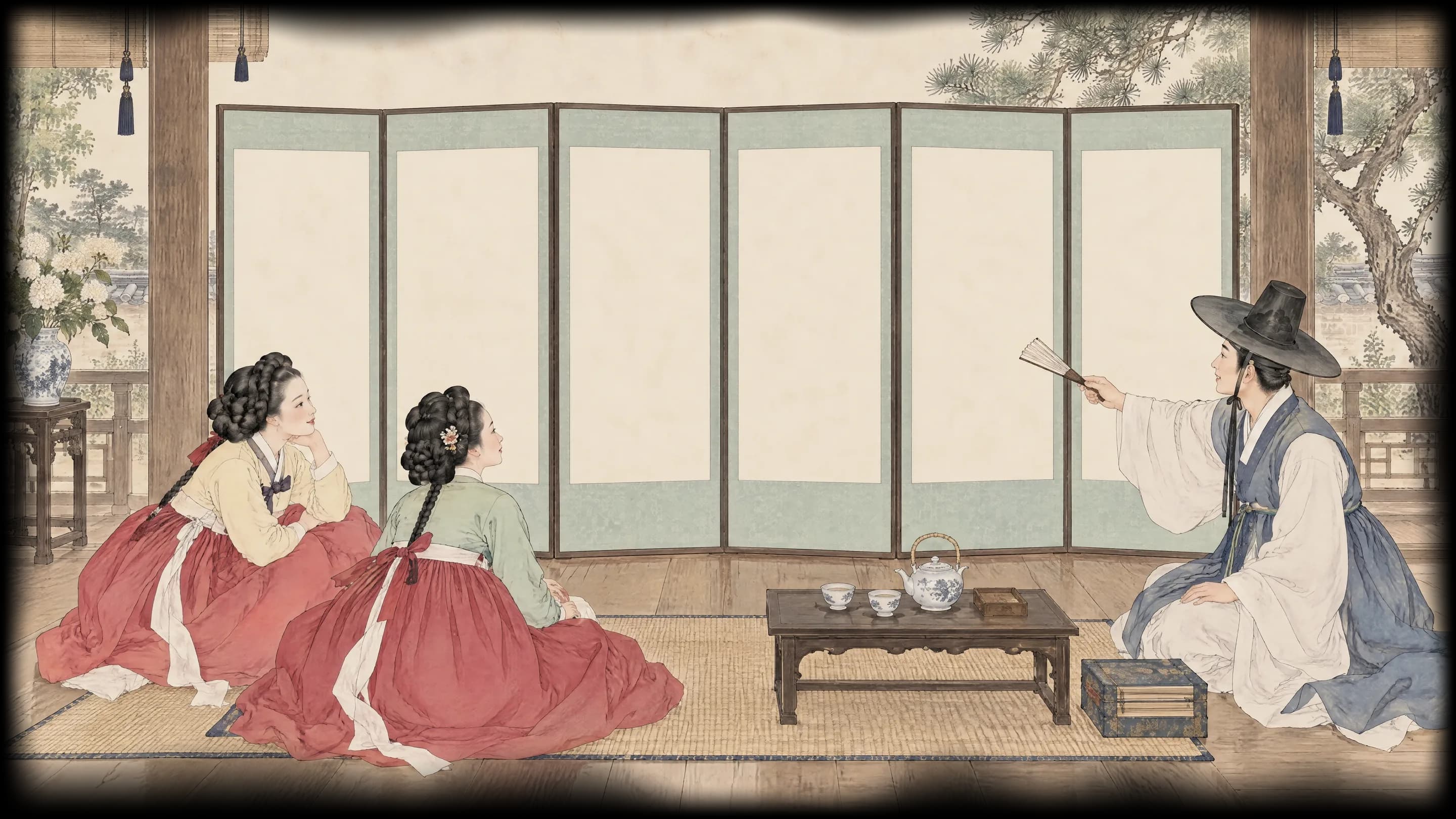 대청 풍속화: 여섯 폭 병풍 앞에 아낙 둘이 앉아 감상하고, 갓 쓴 선비가 부채로 병풍을 가리킨다